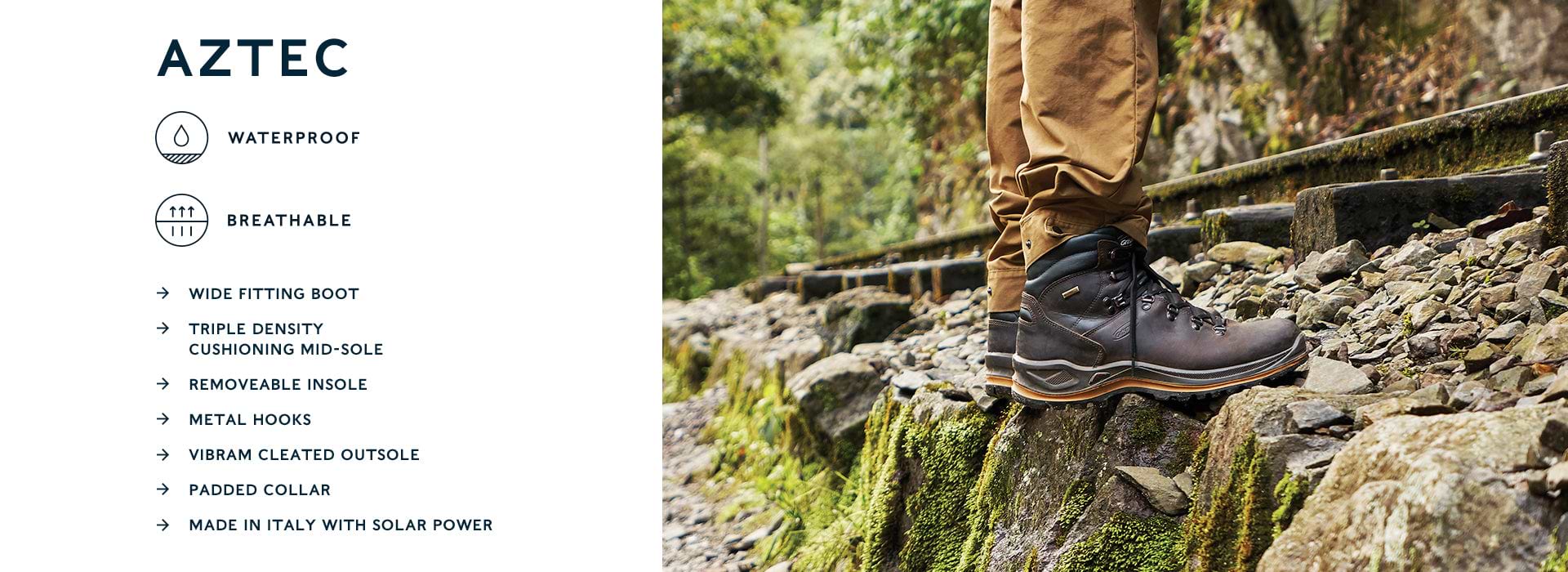 Grisport Aztec Mens Walking Boot: Waterproof; Breathable; Wide Fitting Boot; Triple Density Cushioning Mid-Sole; Removeable Insole; Metal Hooks; Vibram Cleated Outsole; Padded Collar; Made in Italy with Solar Power