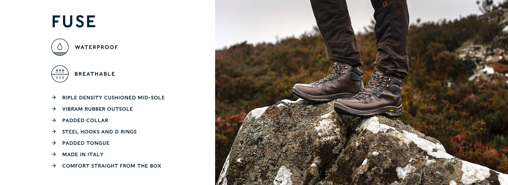 Grisport Fuse Mens Boots: Waterproof; Breathable; Triple Density Cushioned mid-sole; Vibram Rubber Outsole; Padded Collar; Steel Hooks and D Rings; Padded Tongue; Made in Italy; Comfort straight from the box