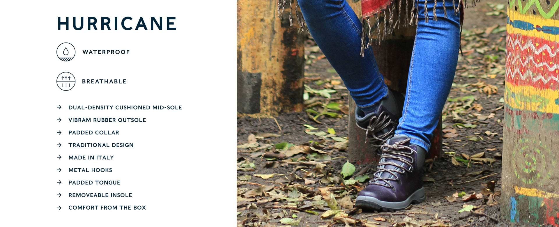 Grisport Lady Hurricane Walking Boot. Features: Waterproof; Breathable; Dual-Density Cushioned Mid-Sole; Vibram Rubber Outsole; Padded Collar; Traditional Design; Made in Italy; Metal Hooks; Padded Tongue; Removeable Insole; Comfort from the box