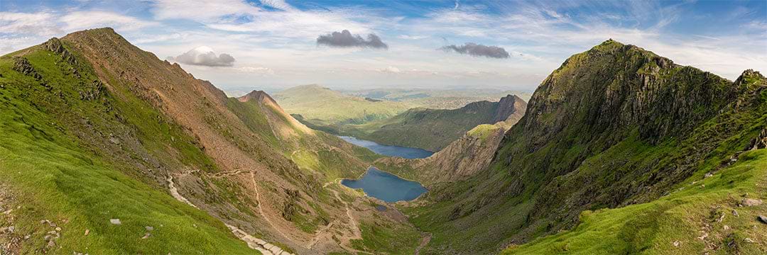 View from the Llanberis Path, Snowdonia, Gwynedd, Wales, UK - looking northeast at Garnedd Ugain, Glaslyn, Llyn Llydaw and Mount Snowdon