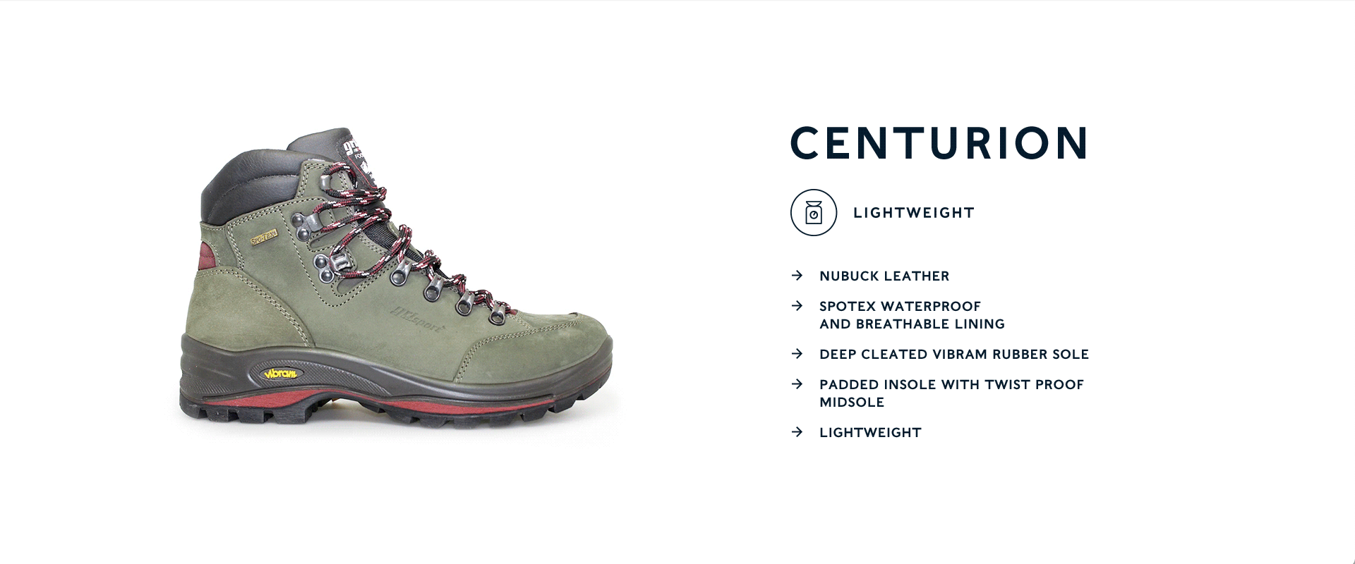 Grisport Centurion Mens Walking Boot: Nubuck leather; Spotex waterproof and breathable lining; Deep cleated Vibram rubber sole; Padded insole with twist proof midsole; Lightweight