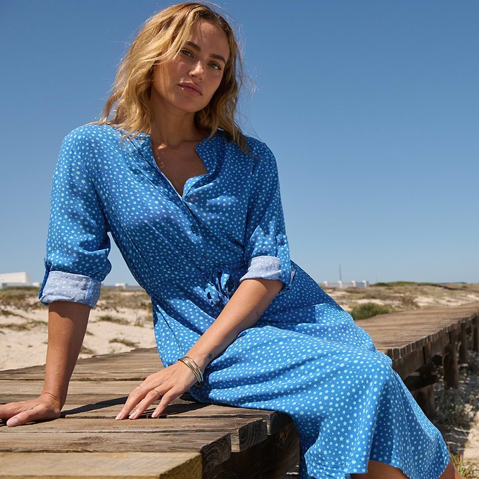 Claudia Women's Shirt Dress in Mykonos Blue Star Print | TOG24 Claudia Women's Shirt Dress in Mykonos Blue Star Print | TOG24