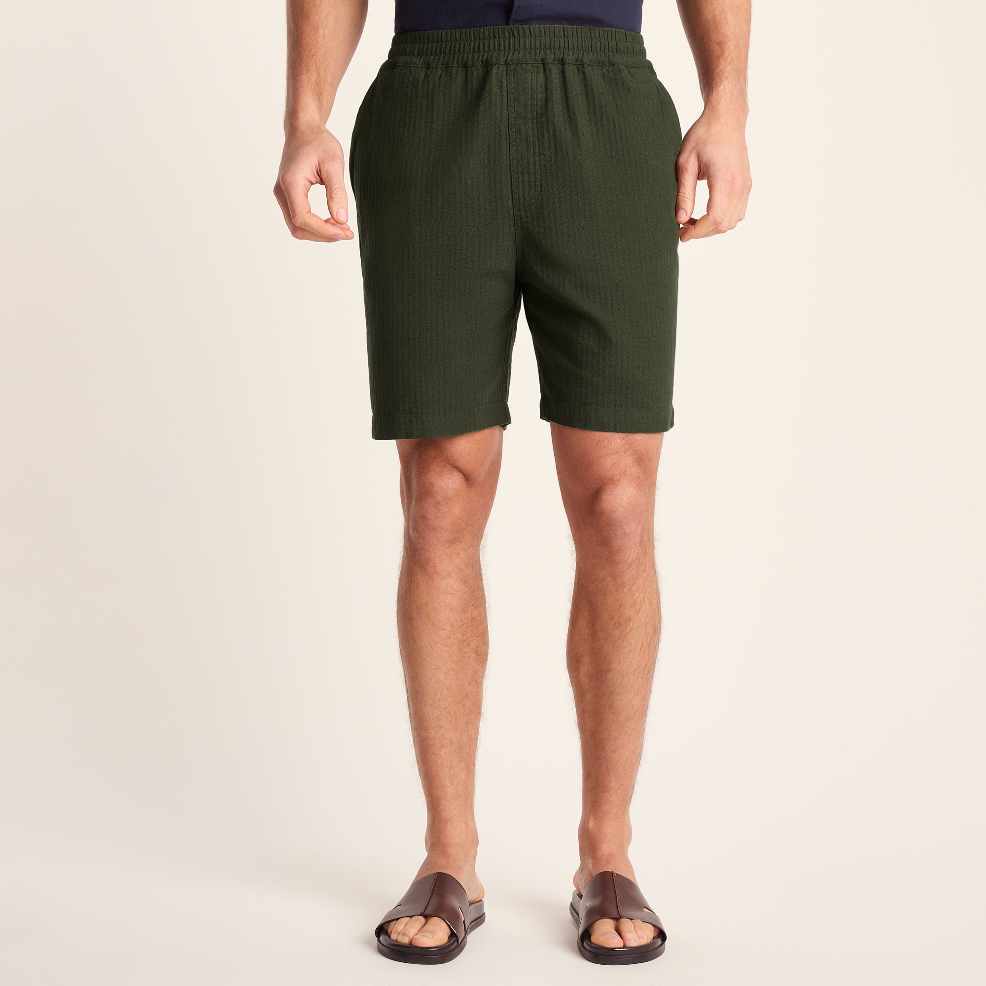 Allento Mens Relaxed Fit Herringbone Fabric Shorts - Dark Olive
