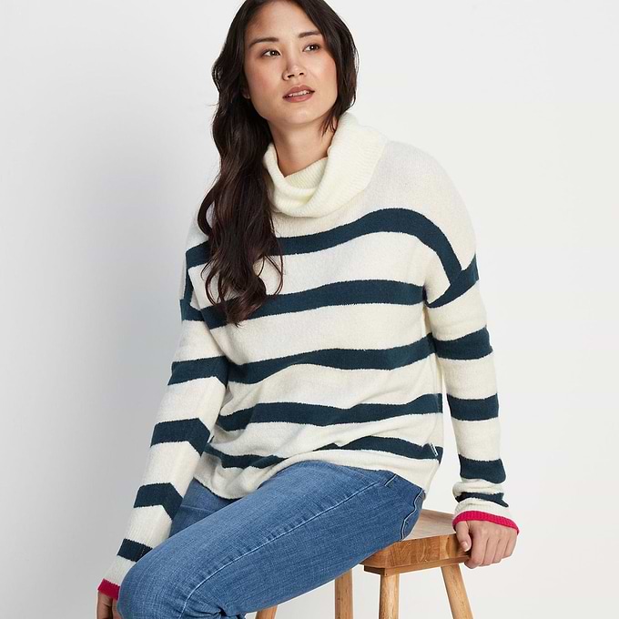 Anthea Womens Striped Roll Neck Jumper - Starry Night/Off White