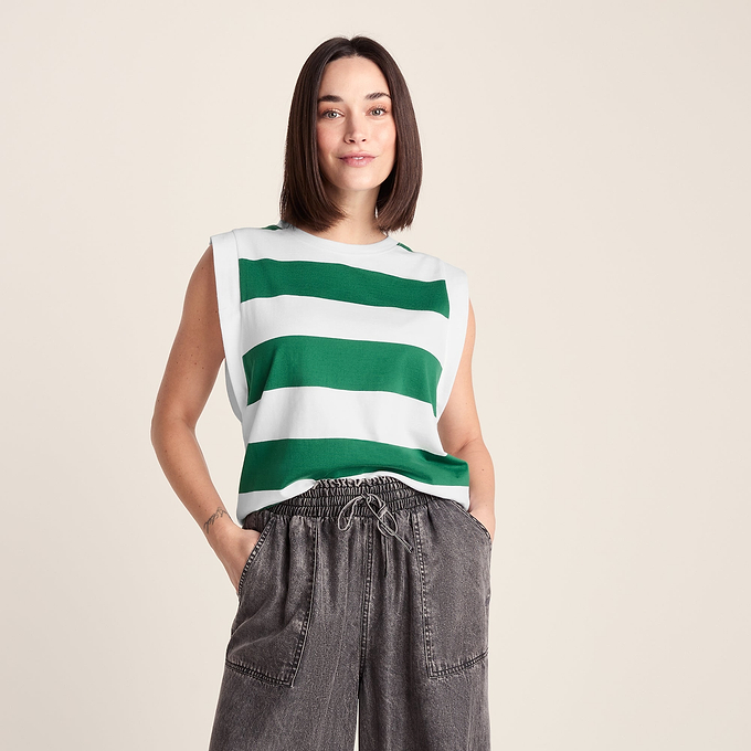 Aurelia Womens 100% Cotton Supersoft Boxy Fit Vest - Green Stripe
