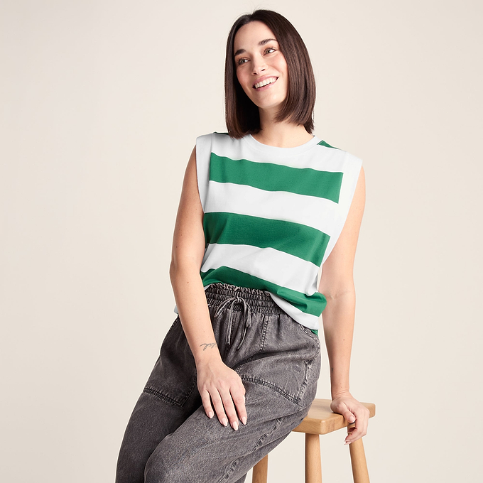 Aurelia Womens 100% Cotton Supersoft Boxy Fit Vest - Green Stripe
