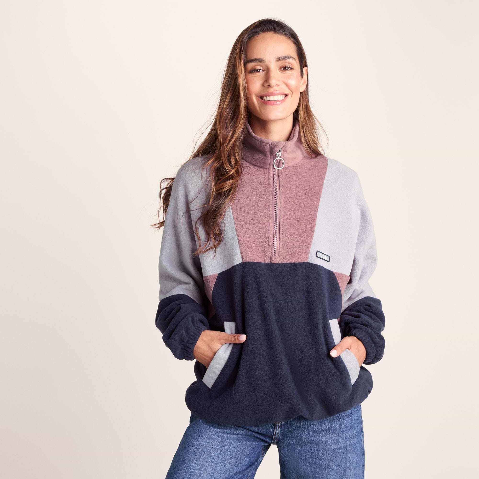 MOUSSY FLEECE ZIP プルオーバー Aztec Womens Oversized Microfleece Zip Neck - Mauve/Oxford Blue