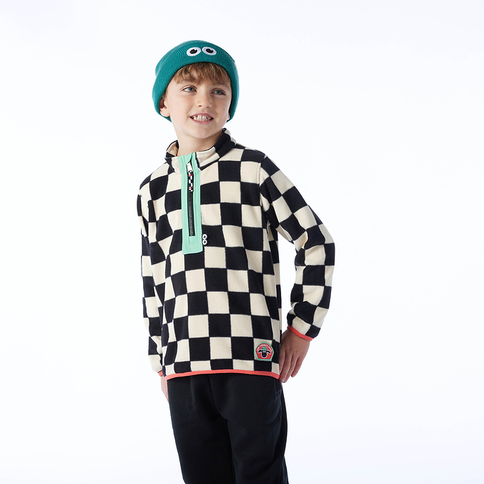 Brecknock Kids Shaun the Sheep Fleece Zip Neck - Black Woolly Checkerboard