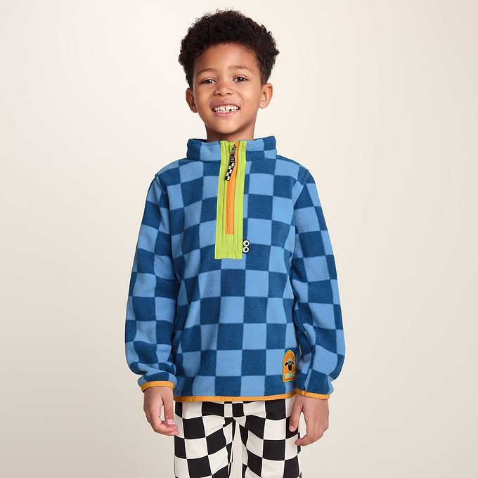 Brecknock Kids Shaun the Sheep Fleece Zip Neck - Bluebell/Night Blue Checkerboard