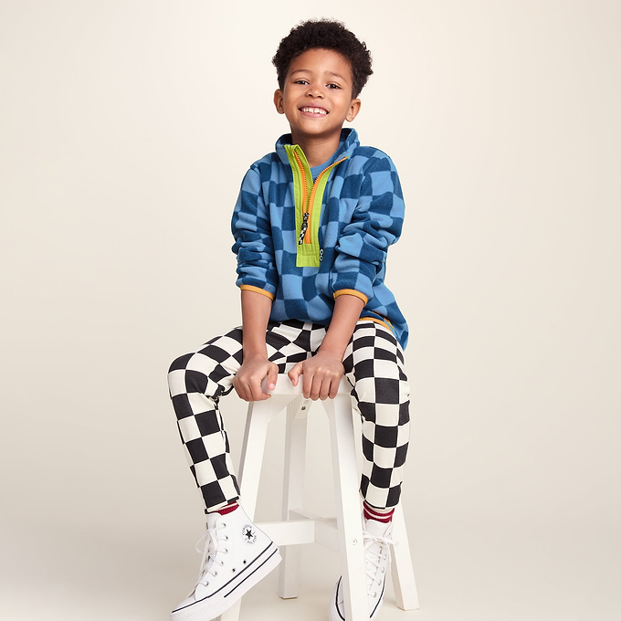 Brecknock Kids Shaun the Sheep Fleece Zip Neck - Bluebell/Night Blue Checkerboard