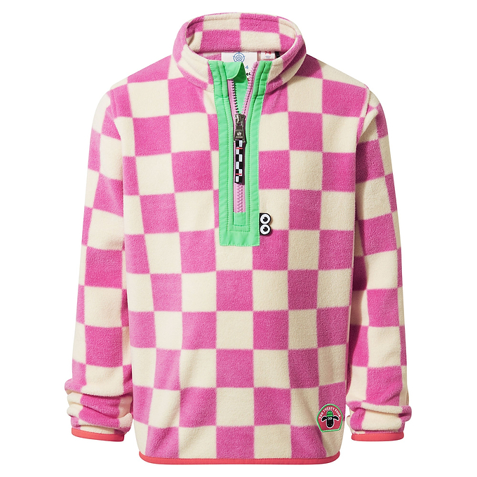 Brecknock Kids Shaun the Sheep Fleece Zip Neck - Pink Woolly Checkerboard