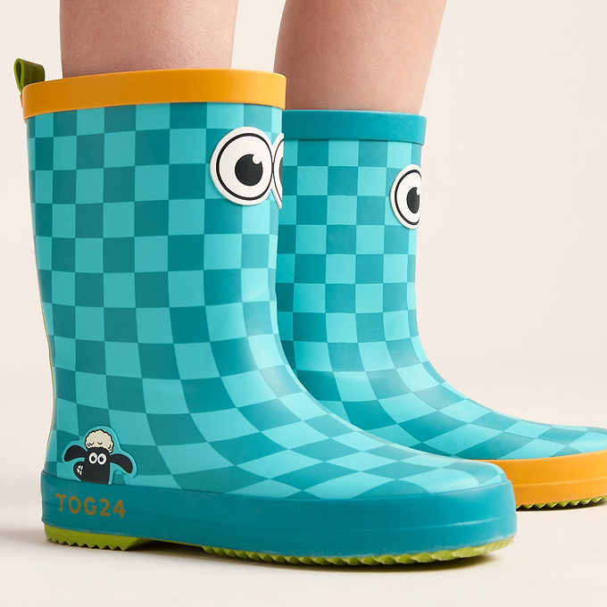 Dorper Kids Shaun the Sheep Wellies - Spearmint/Bubblegum Checkerboard