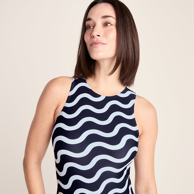 Elaini Womens One Piece Swimsuit - Oxford Blue Wave Print