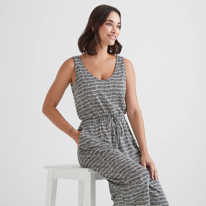 Emmie Womens Jumpsuit - Black & White Dash Print