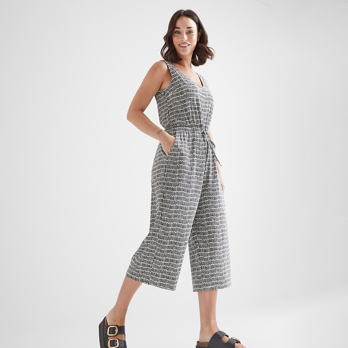 Emmie Womens Jumpsuit - Black & White Dash Print