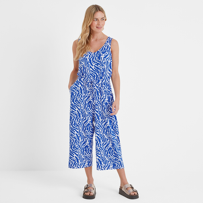 Emmie Womens Jumpsuit - Ultramarine Blue Wavy Print