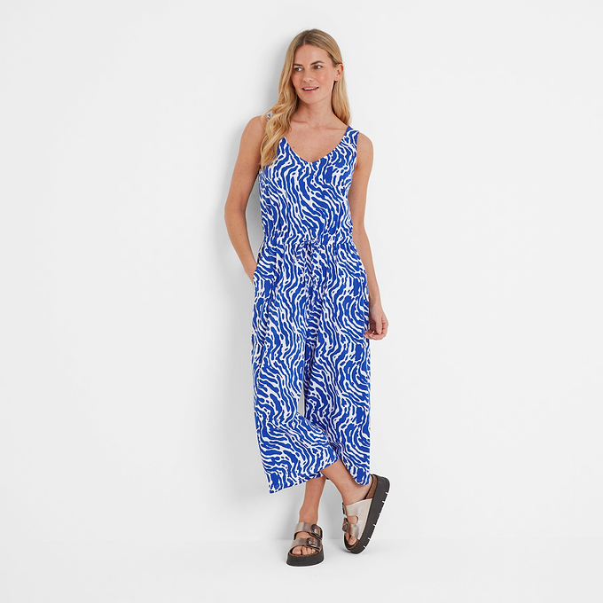 Emmie Womens Jumpsuit - Ultramarine Blue Wavy Print