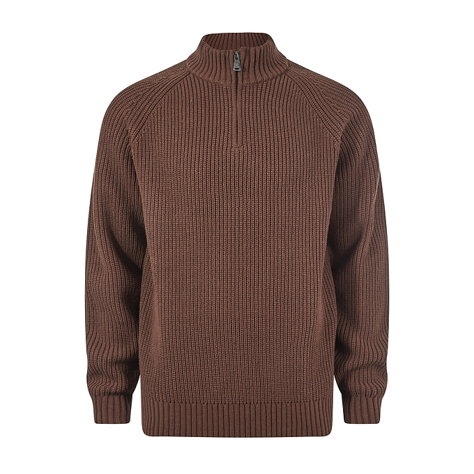 Glen Mens Chunky Knitted Zip Neck Jumper - Chestnut Brown