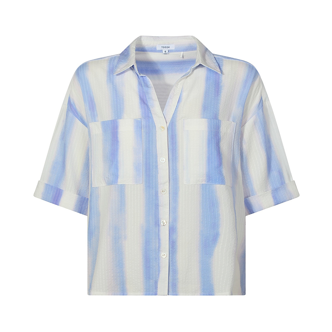 Julie Womens Short Sleeve Seersucker Blouse - Blue Hues Print