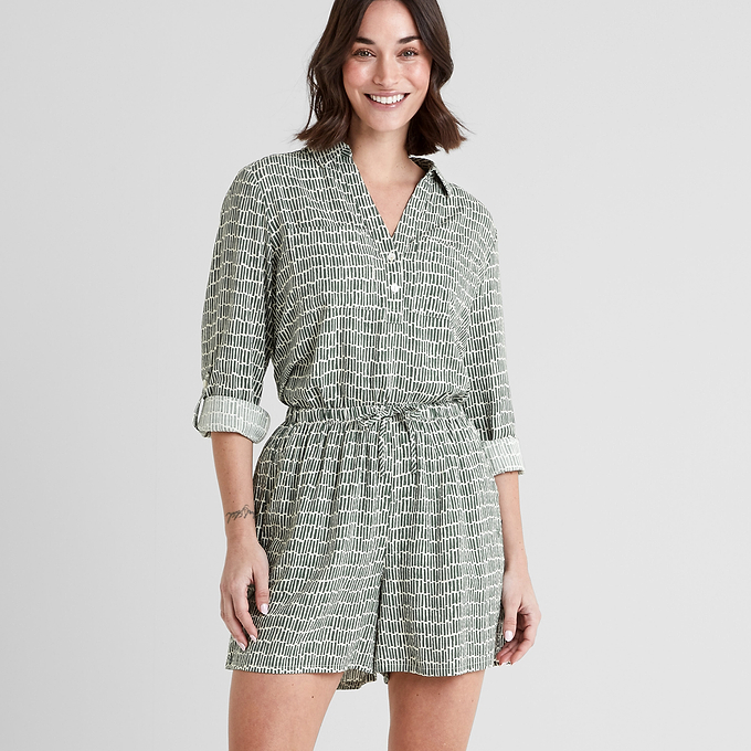 Kadina Womens Shirt Long Sleeve - Green Dash Print