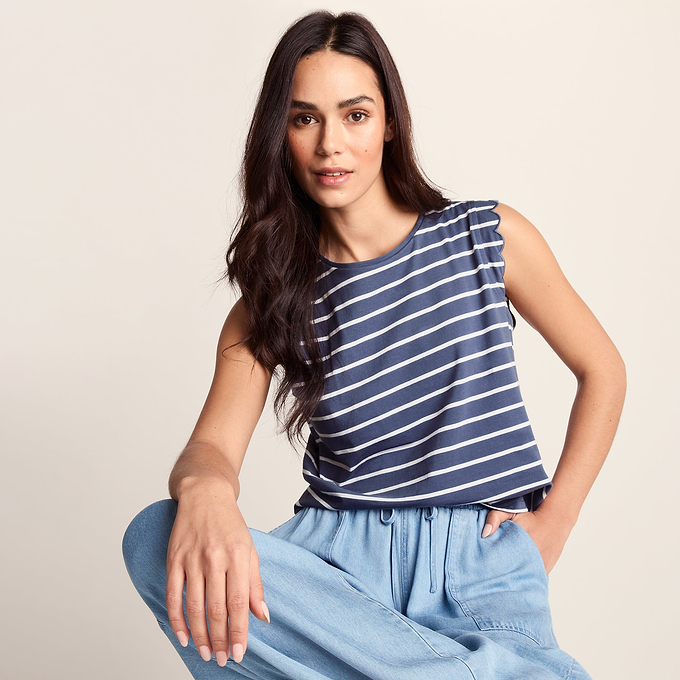 Katie Womens 100% Cotton Supersoft Vest - Smokey Blue/Optic White Stripe