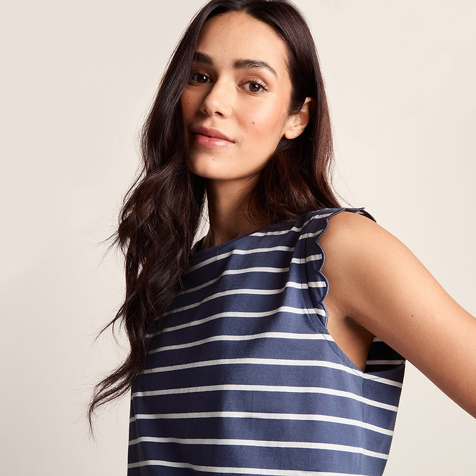 Katie Womens 100% Cotton Supersoft Vest - Smokey Blue/Optic White Stripe