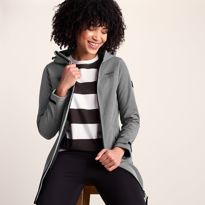 Keld Womens Long Shower Resistant Hooded Softshell Jacket - Dark Grey