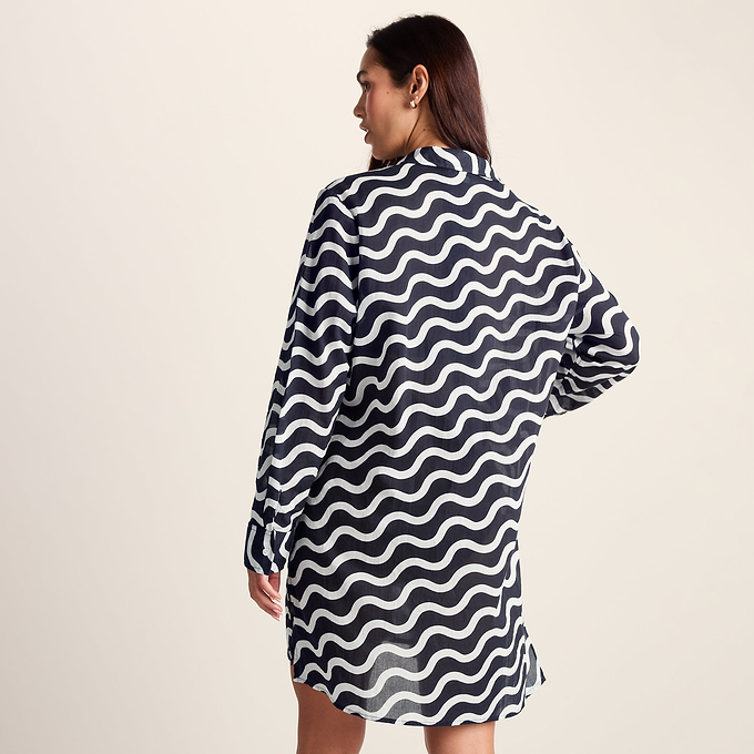 Kylie Womens Long Sleeve 100% Cotton Supersoft Shirt - Oxford Blue Wave Print