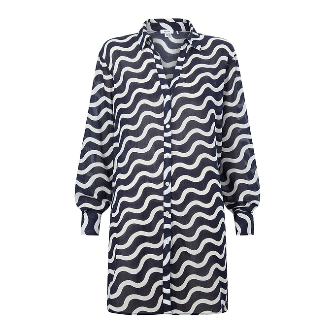 Kylie Womens Long Sleeve 100% Cotton Supersoft Shirt - Oxford Blue Wave Print