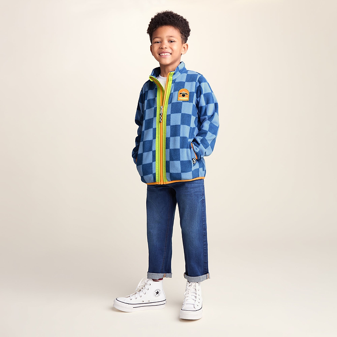 Lacaune Kids Shaun the Sheep Fleece Zip Jacket - Bluebell/Night Blue Checkerboard
