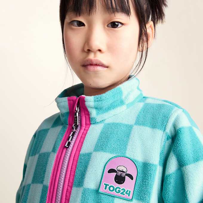 Lacaune Kids Shaun the Sheep Fleece Zip Jacket - Spearmint/Bubblegum Checkerboard