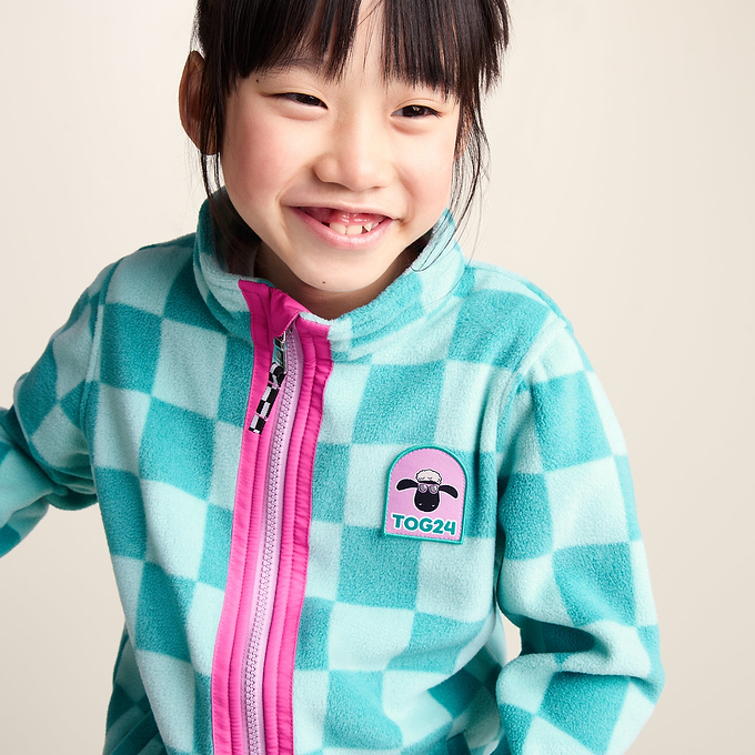 Lacaune Kids Shaun the Sheep Fleece Zip Jacket - Spearmint/Bubblegum Checkerboard