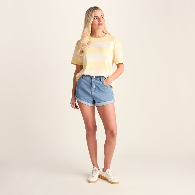 Lani Womens 100% Cotton Supersoft Boxy Fit T-Shirt - Butter Yellow Stripe