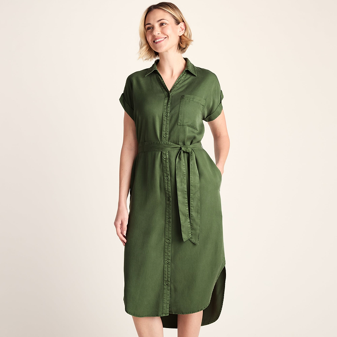 Lenira Womens Relaxed Fit Luxurious Tencel Lyocell Shirt Dress - Dark Matcha