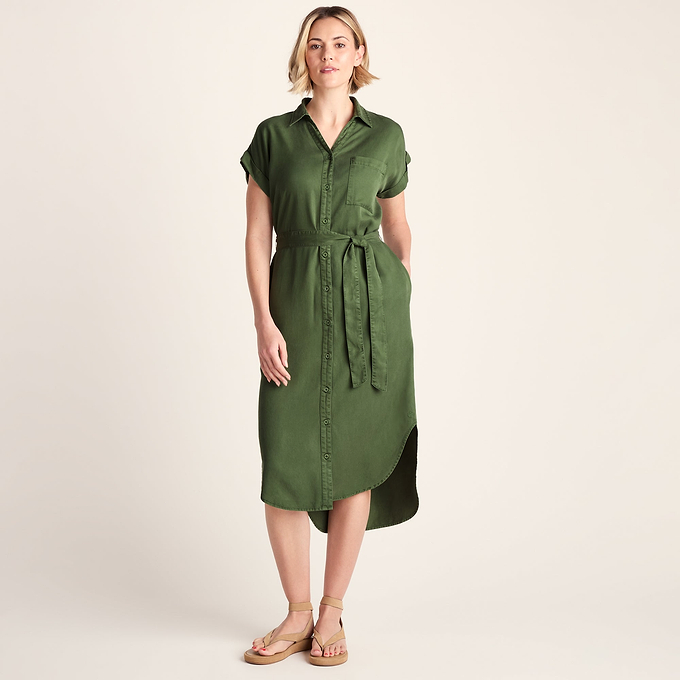 Lenira Womens Relaxed Fit Luxurious Tencel Lyocell Shirt Dress - Dark Matcha