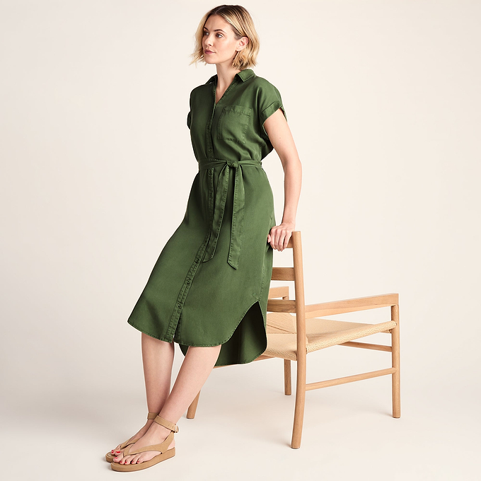 Lenira Womens Relaxed Fit Luxurious Tencel Lyocell Shirt Dress - Dark Matcha