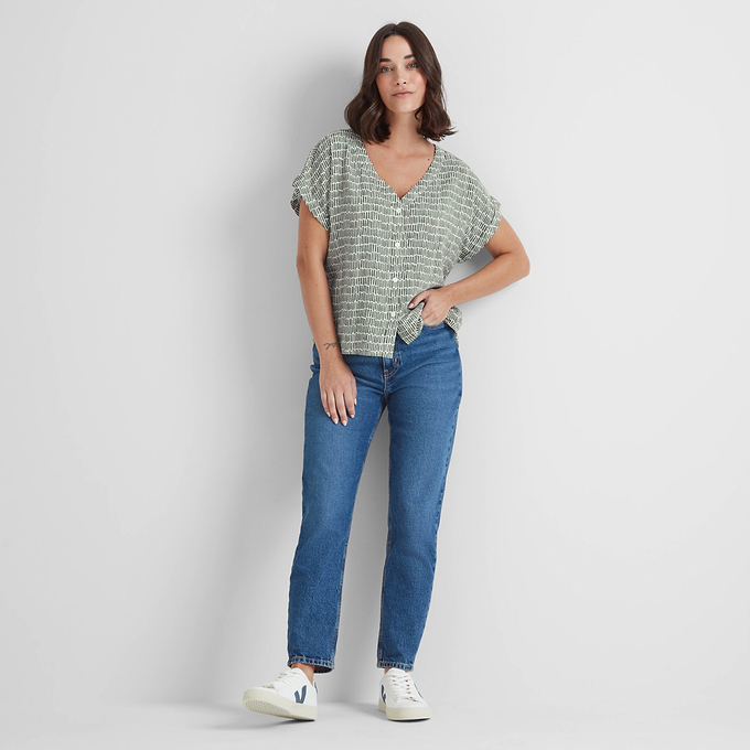 Meredith Womens Shirt Short Sleeve - Green Dash Print
