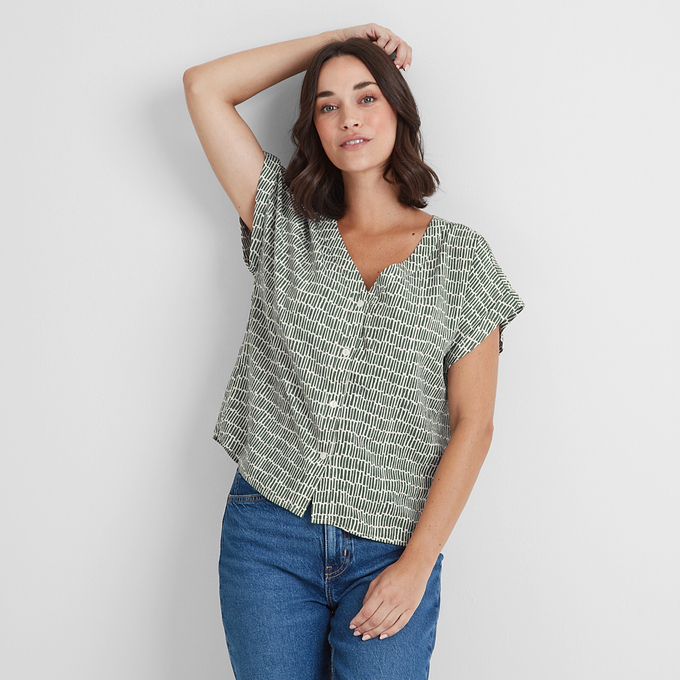 Meredith Womens Shirt Short Sleeve - Green Dash Print