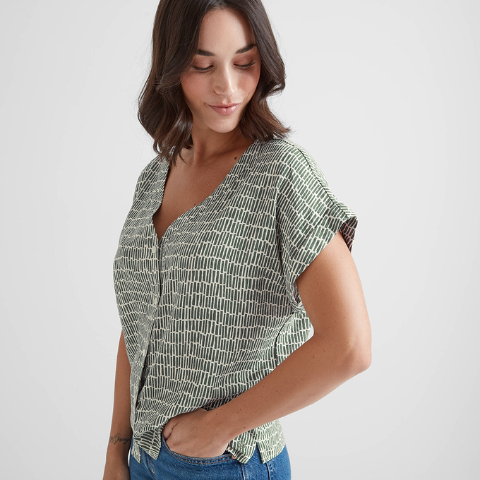 Meredith Womens Shirt Short Sleeve - Green Dash Print