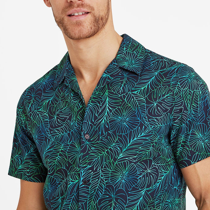 Otto Mens Short Sleeve Shirt - Dark Indigo Tropical Print