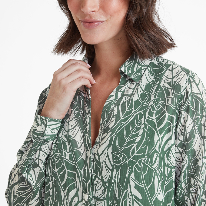 Ronda Womens Shirt Long Sleeve - Green Palm Print