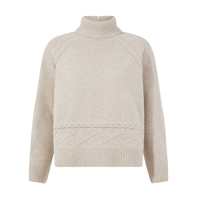 Serena Womens Cable Knit Roll Neck Jumper - Light Beige Melange