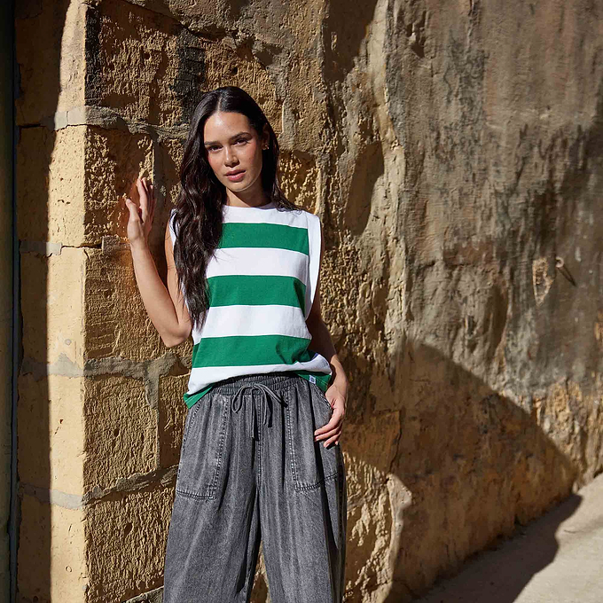Aurelia Womens 100% Cotton Supersoft Boxy Fit Vest - Green Stripe