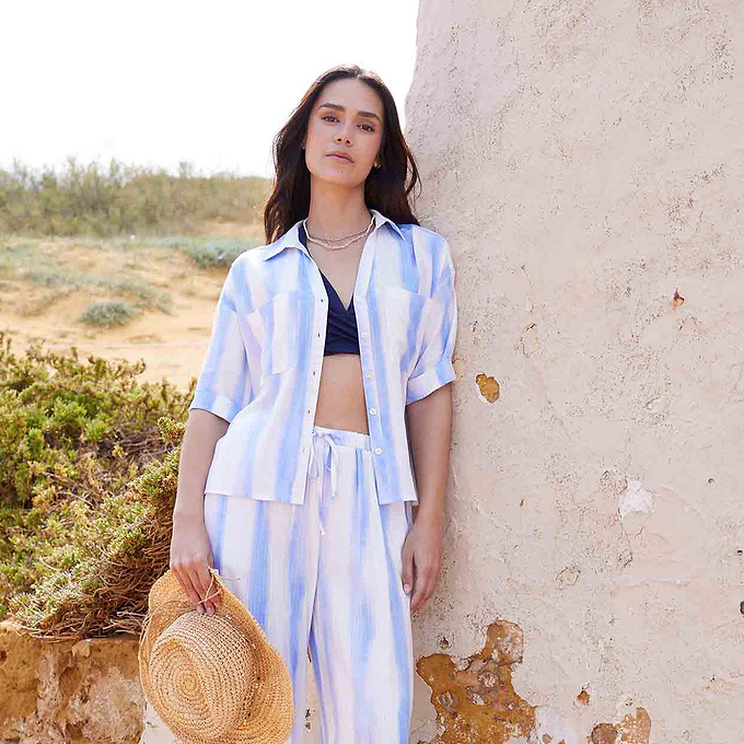 Julie Womens Short Sleeve Seersucker Blouse - Blue Hues Print