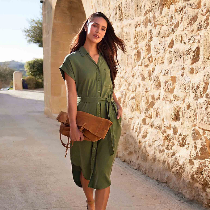 Lenira Womens Relaxed Fit Luxurious Tencel Lyocell Shirt Dress - Dark Matcha