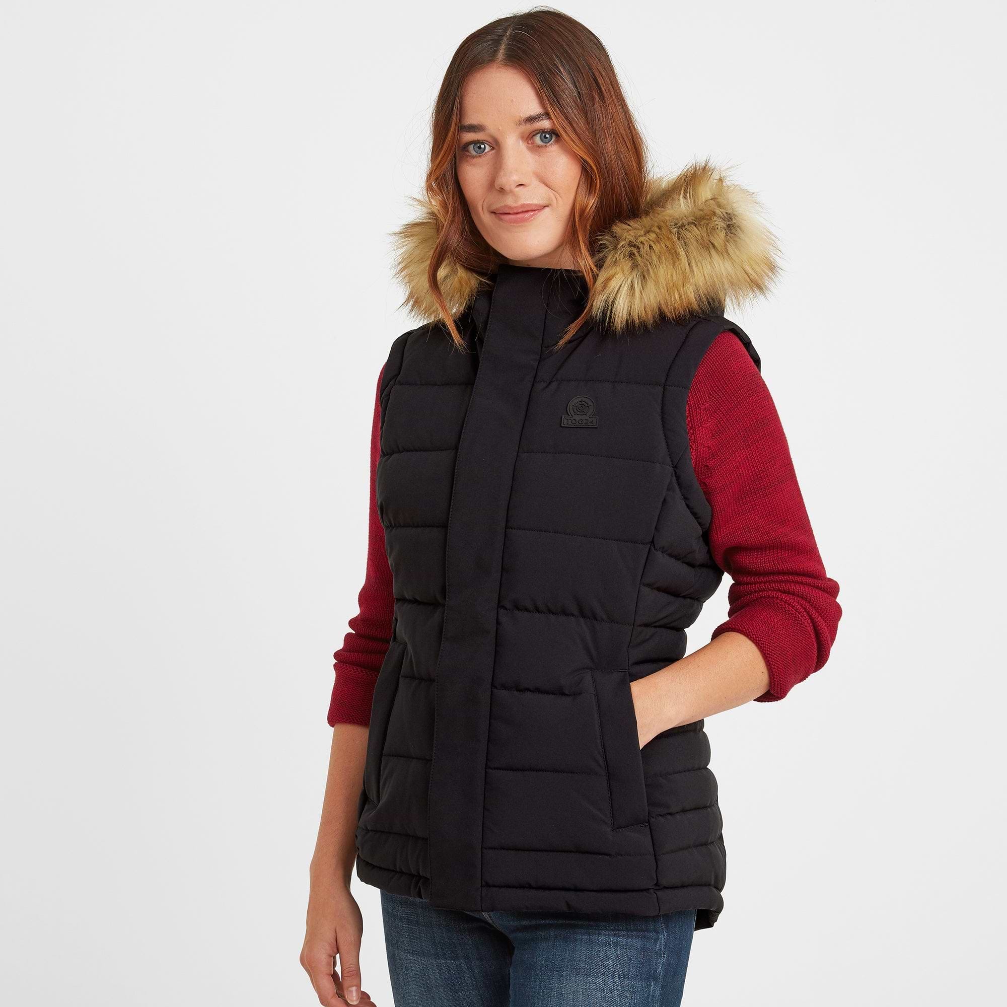 Womens body warmer with fur hood 2025