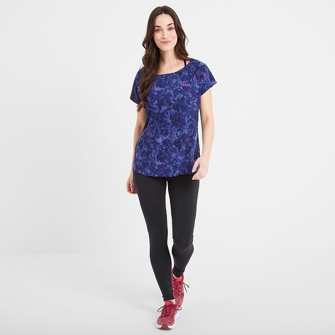 Halsam Womens Tech T-Shirt - Ink Navy Leaf Print