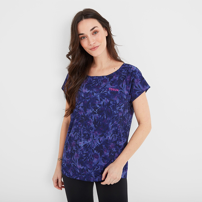 Halsam Womens Tech T-Shirt - Ink Navy Leaf Print