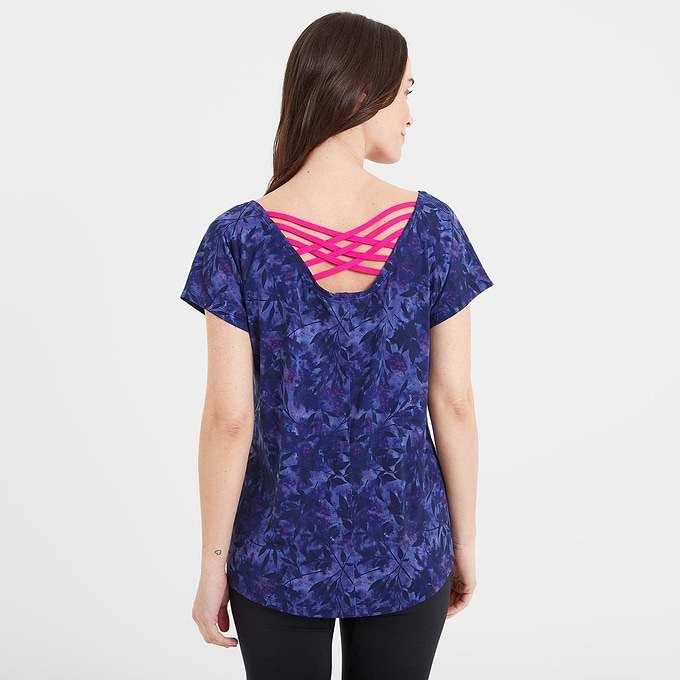 Halsam Womens Tech T-Shirt - Ink Navy Leaf Print