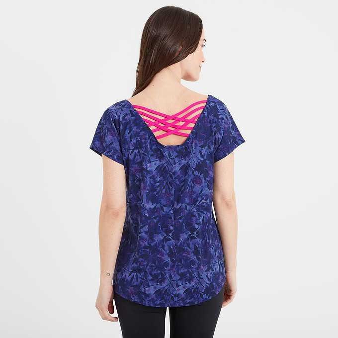 Halsam Womens Tech T-Shirt - Ink Navy Leaf Print